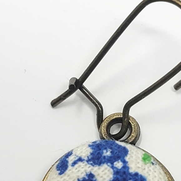 New Handmade | Blue Green Floral Upcycled Fabric Button Earwire Dangle Earrings - Picture 2 of 3